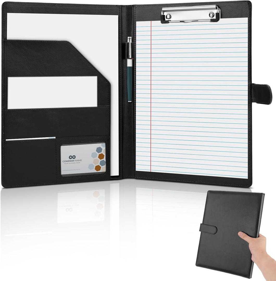 Professional Padfolio, Multi Function Faux Leather Portfolio Binder with Clipboard - Interview Resume Folder, Legal Document, Business Card Holder, for Office, Conference, Interviews (Black)