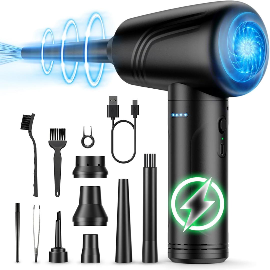 11-in-1 Compressed Air Duster, 3-Gear Adjustable 120000 RPM Electric Air Duster with LED Light, Reusable no Canned Keyboard Cleaner for Office, 9000mAh Cordless Air Duster for Computer/Car (Black)
