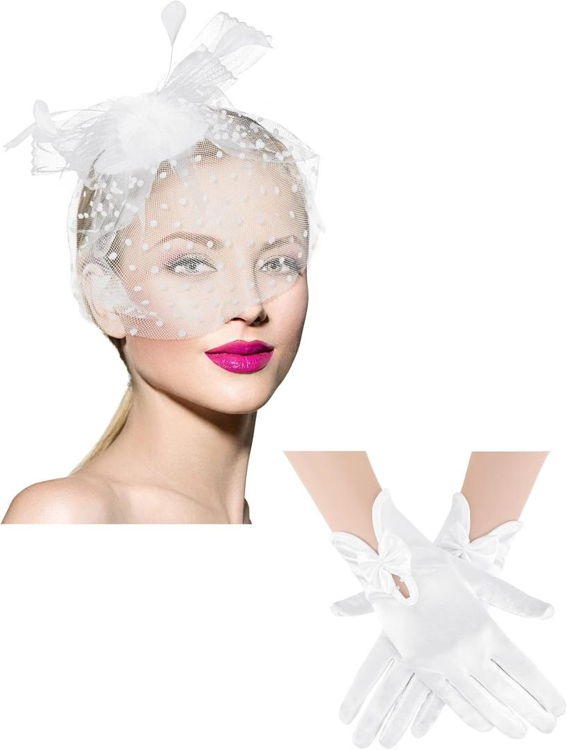 Geyoga 50s Fascinator Hat for Women Funeral Veil Hat Pillbox Cocktail Tea Party Headpiece and Lace Glove (White)