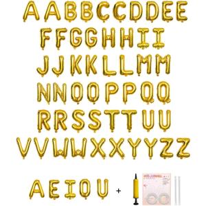 58 PCS Letter Balloons Alphabet Letters 2 Sets A- Z & 1 Sets AEIOU 16 - Inch Mylar Foil Balloons Set for Wedding/Birthdays/Annivs/Grads party Decoration Banner Custom Phrase (Gold)