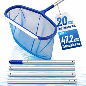 20 Inch Pool Skimmer Net with 47.2 Inch Telescopic Pole, Heavy Duty Deep Fine Mesh Leaf Rake, Detachable Aluminum Pole Cleaning Tool for Inground & Above Ground Pool, Hot Tub, Pond Fountain