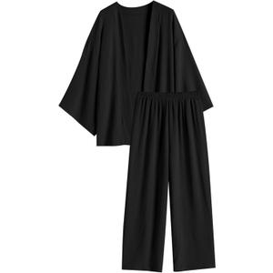 ZAFUL Womens 2 Piece Linen Outfits Loungewear Open Front Long Sleeve Shirt And Wide Leg Pants Set (Classic Black, Large)