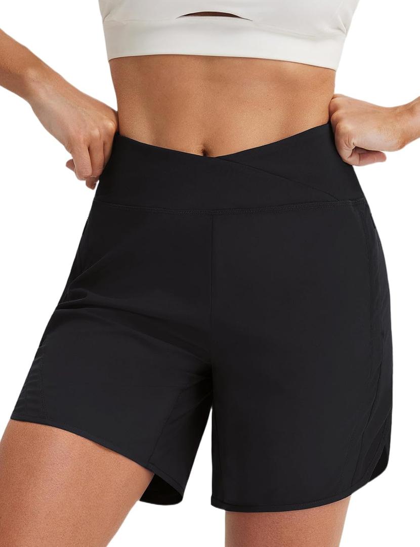 baleaf Women's 7 inch Athletic Shorts Crossover Waist Quick Dry Shorts (Black, L)