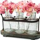 Vase Set with Flower and LED Lights, 3 Jars with Artificial Flowers, Rustic Wood Tray, Farmhouse Table Decor