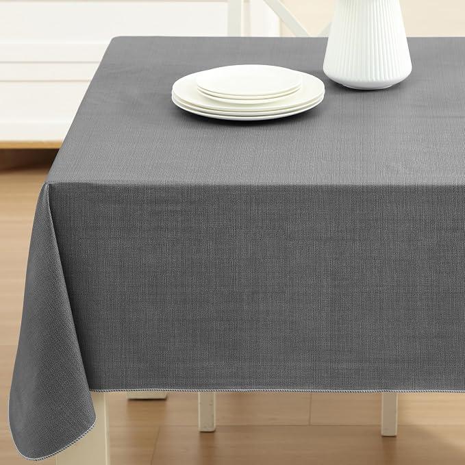 Cafe Hotel Linen Look Vinyl Flannel Backed Tablecloth, Heavyweight 4 Gauge, 60 x 84 Inch Rectangle, Grey Indoor Outdoor Waterproof Wipe Clean Table Cover