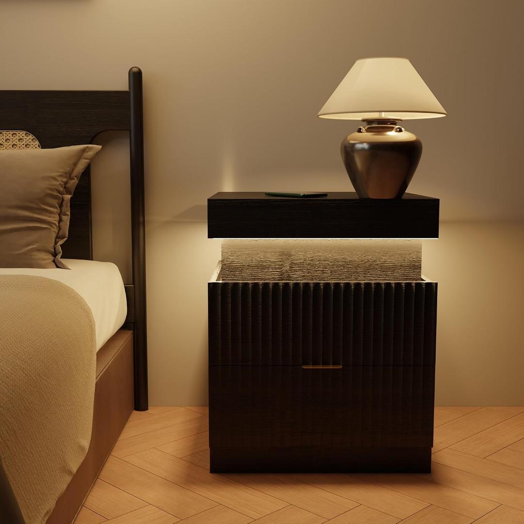 Wooden Nightstand with Charging Station & LED Lights, Modern Fluted Bedside Table with Sliding Top & Drawers for Bedroom & Living Room, Black, 17.7 inches x 15.7 inches x 22 inches