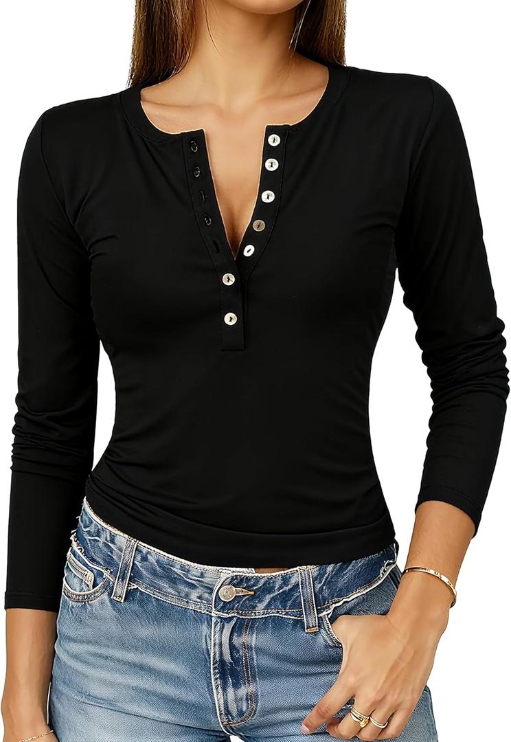 Women 2025 Henley T Shirts Ribbed Button Slim Fit Basic Casual T Shirts Going Out Trendy Outfits Basic Tops Blouse (Black)