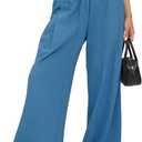 Wide Leg Slacks Pants for Women Pull on High Waisted Business Trousers with 3 Pockets for Casual Office Wear (Small, Blue)