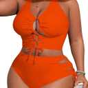 SOLY HUX Womens Plus Size Two Piece Bathing Suit Bikini Swimsuit | Tummy Control, High Waisted Bikini Sets, Adjustable Tie String, Sexy (Orange, XXL)