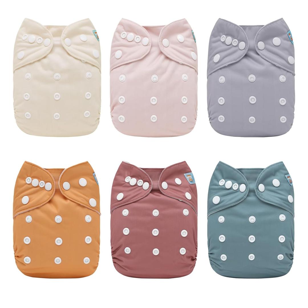 ALVABABY Baby Cloth Diaper 6 Pack with 12 Inserts One Size Cloth Diaper Covers Adjustable Washable Reusable for Baby Girls and Boys 6BM109 (Beige/Light Pink/Gray/Light Orange/Bean Paste/Gray Blue)