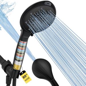 FASDUNT Filtered Shower Head with Handheld, High Pressure 8-Mode Handheld Showerhead with Filters for Hard Water -Remove Chlorine, Built-in Power Wash, 80" Long Hose & Adjustable Bracket, Black