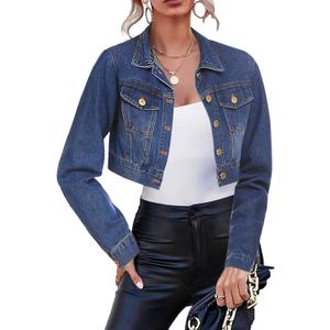Cropped Jean Jacket for Women Long Sleeve Classic Casual Crop Top Denim Jackets Coat (S)
