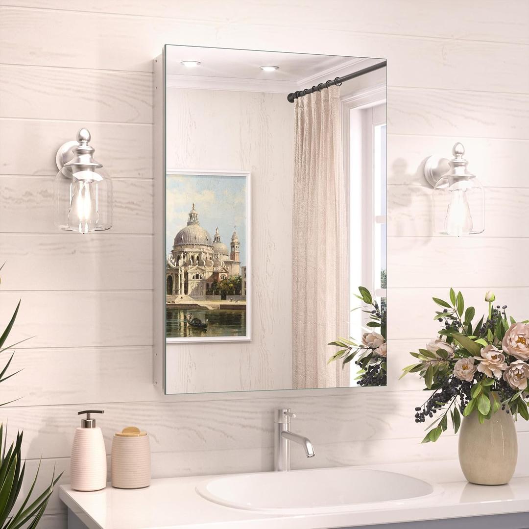 TokeShimi 16x24 Bathroom Medicine Cabinet with Mirror Tempered, Aluminum Silver Mirrored Medicine Cabinet Recessed or Surface Mount with Adjustable Storage Metal for Modern Farmhouse