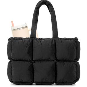 Herald Puffer Tote Bag for Women, Large Quilted Puffy Handbag Lightweight Satchel Purse with Cup Holder & Compartment