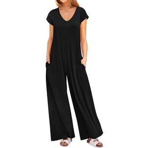 ANRABESS Jumpsuits for Women 2025 Summer Casual Loose Cap Sleeve Crewneck Wide Leg Rompers Jumper One Piece Beach Outfits (Small, Black)