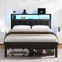 OLEVS Full Size Bed Frame with LED Lights & Charging Station, Modern Platform Bed with Upholstered Storage Headboard, No Box Spring Needed Easy Assembly