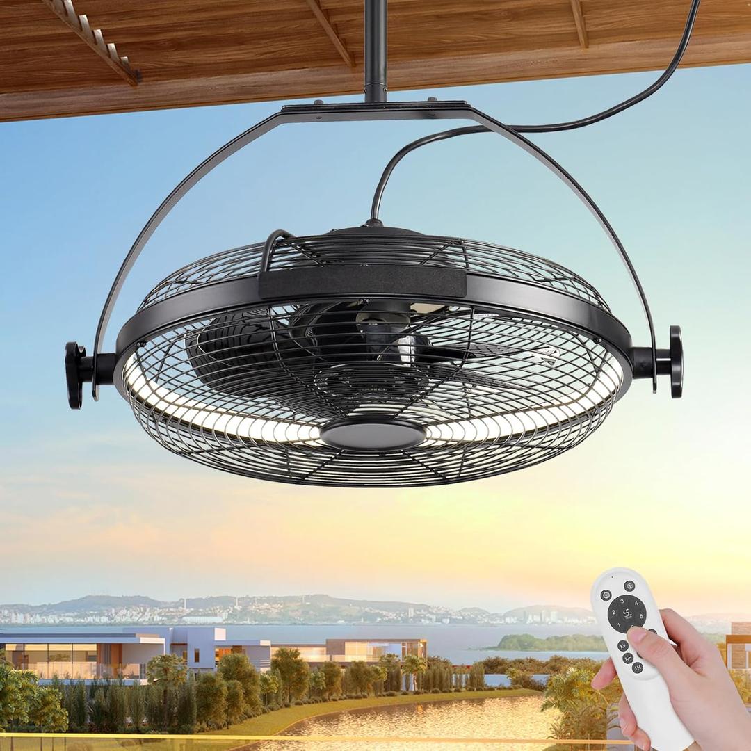 Gazebo Fans Outdoor Hanging Ceiling Fans with Lights,16" Portable Plug in Ceiling Fan, Multi-Angle Adjustable Floor Fans, Black Outdoor Ceiling Fans for Patios.