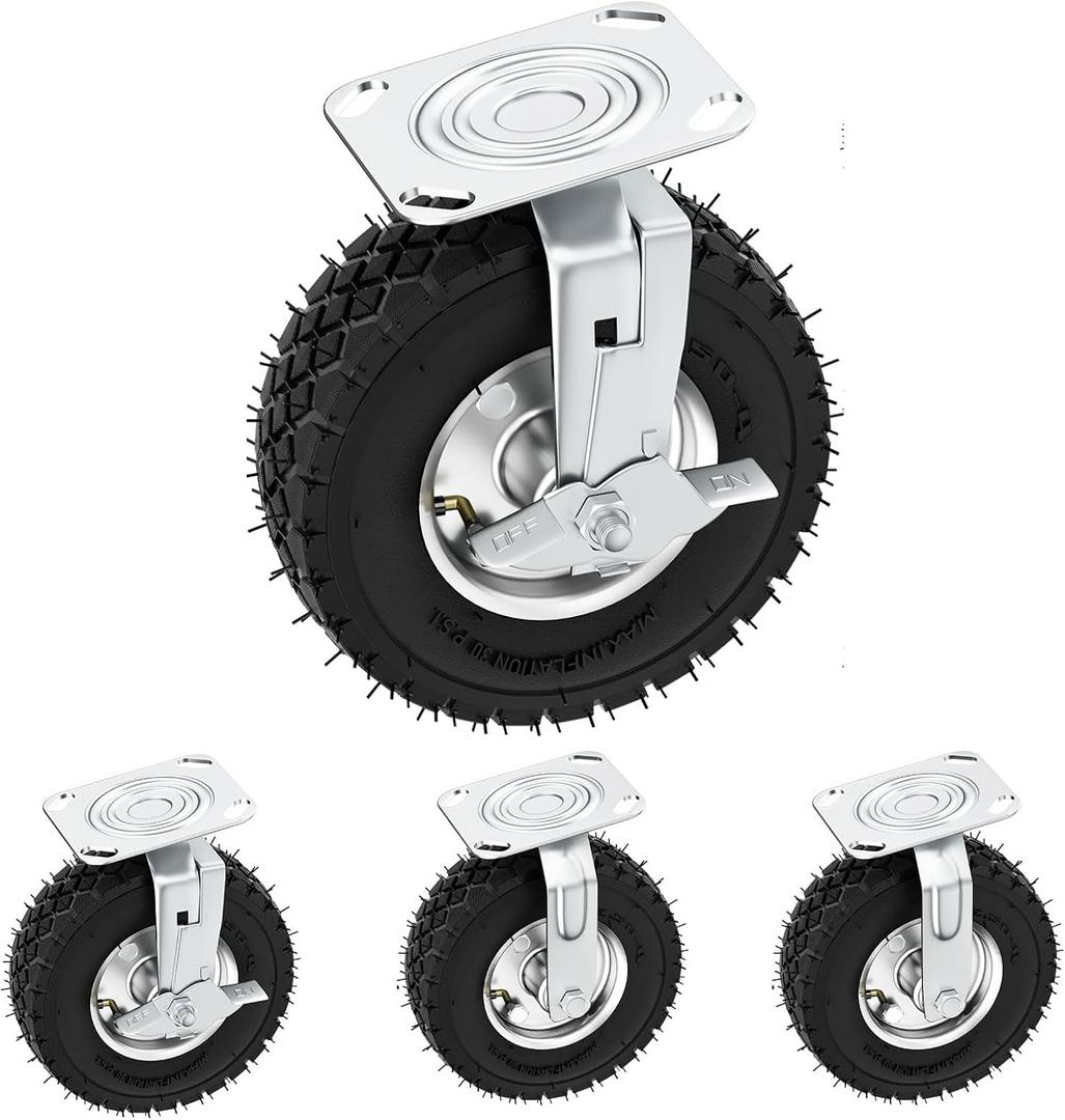 10 Inch Pneumatic Casters Wheels, Heavy Duty Casters Set of 4 with Brake, 1100 lbs Capacity, Locking Swivel Rubber Caster, Outdoor Caster Wheels for Workbench, Cart, Trolley and Wagon