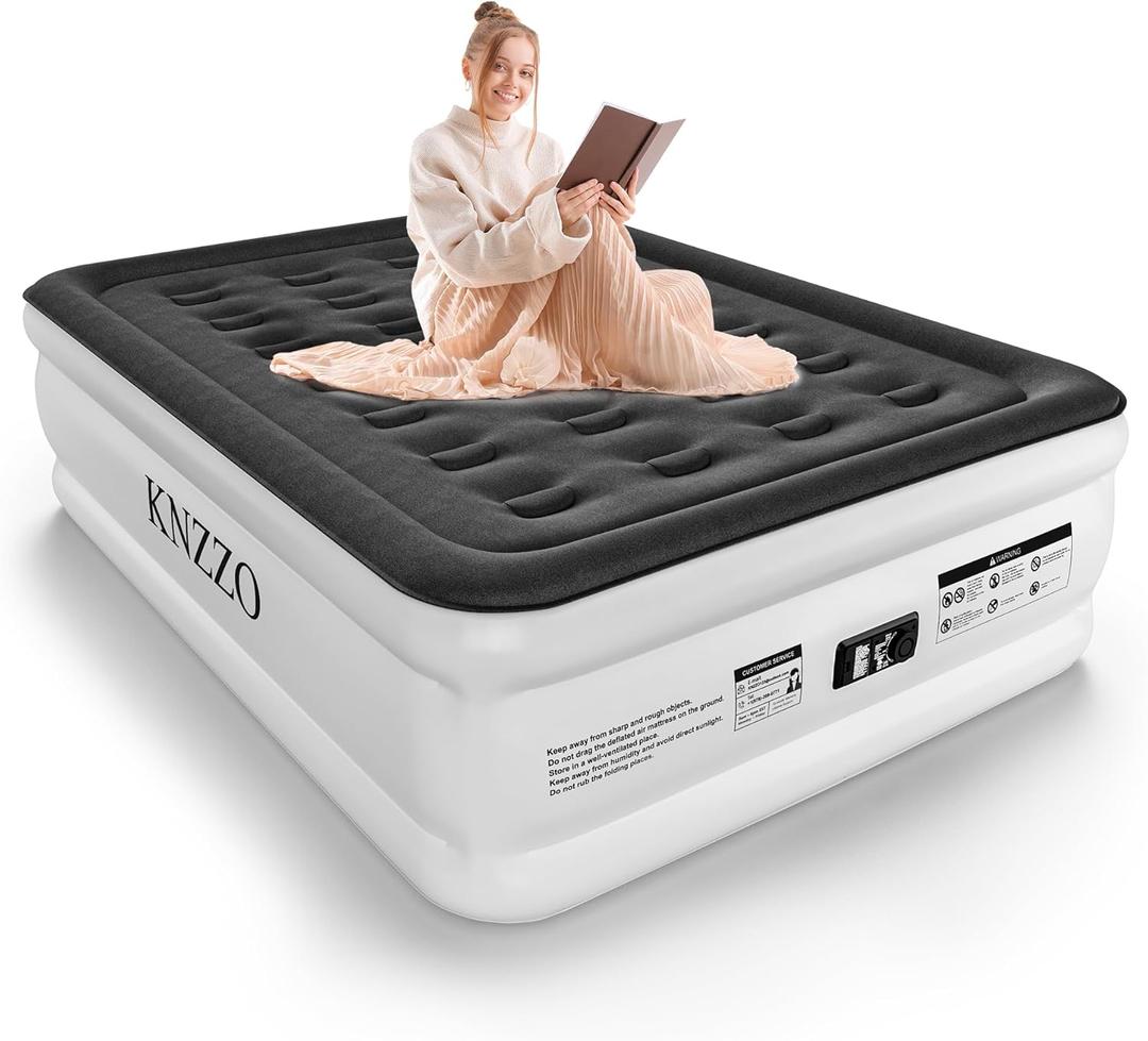 Full Air Mattress with Built-in Pump, 18" Top Inflatable Mattress with Waterproof Flocking Fabric, Three-Minute Quick-Inflatable Bed. Portable Blow Up Mattress for Home, Outdoor and Guests (White)
