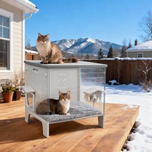 Weatherproof Insulated Outdoor Cat House with Mat for Feral Cat, Plastic Elevated Cat Shelter with Escape Door, Easy Assemble, Expansive Interior Grey 27.0" L x 27.0" W x 21.0" H