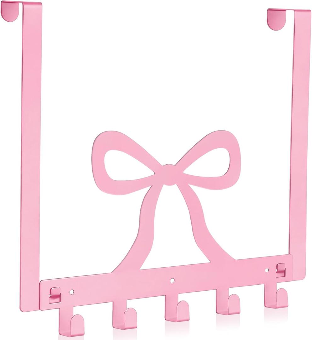 Reallnaive Pink Bow Over The Door Hooks Coquette Bathroom Decor Hanger Wall Mount Rack Holder for Towel, Hat, Coat, Cloth, Keychain, Bag, Home Organizer