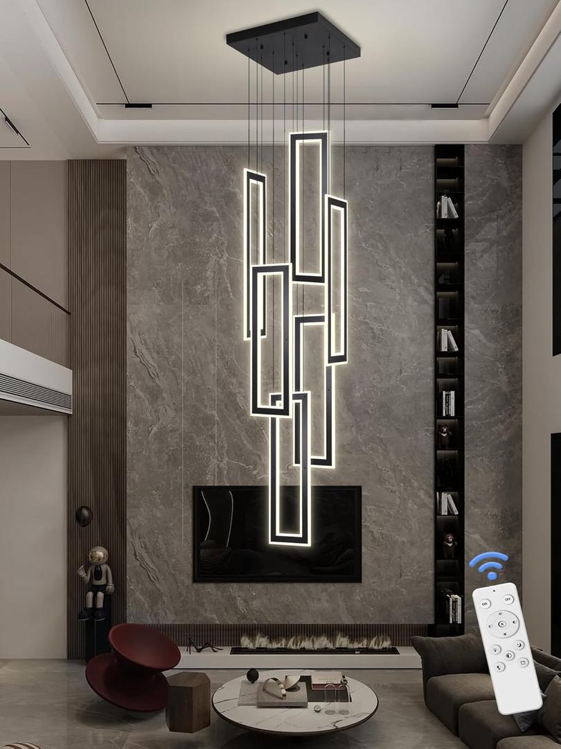 Modern Chandeliers, Black Chandelier with 6 Ring Led Foyer Chandeliers,Larger High Ceiling Chandelier for Living Room,Square Chandeliers for Entryway Staircase LED Dimming 2700k-6000k