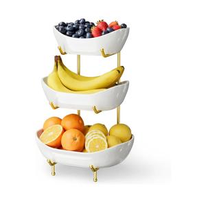 3 Tier Ceramic Fruit Bowl for Kitchen Counter – Fruit Basket with Gold Metal Stand, Fruit Holder for Snacks, Nuts, Cakes, Desserts, Bread, Candy Storage