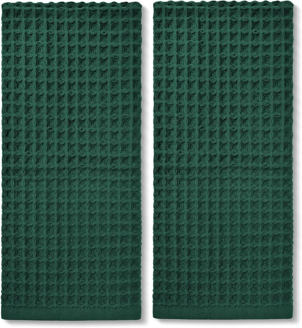 Jacquotha Waffle Hand Towels Set of 2 (Hunter-Green) Cotton, Quick Dry, Lint Free, 13 x 29, Bathroom Decor & Kitchen Towels