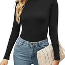 Womens Black Long Sleeve Bodysuits Stand Collar Slim Fit Frilled Ruffles Shoulder Ribbed Leotards Tops M