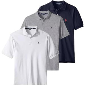 U.S. Polo Assn. Men's Classic Polo Shirt, Two-Button Closure Pique Polo Shirt, Summer Fashion Golf Shirt (Heather Grey/White/Classic Navy), 2XL