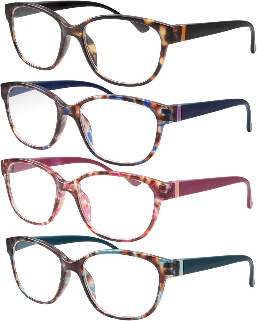 Pair of 4 High Magnification Power Womens Reading Glasses - Cat Eye Readers 4.00-6.00 (4 Pack - Black, Pink, Navy Blue, Teal)