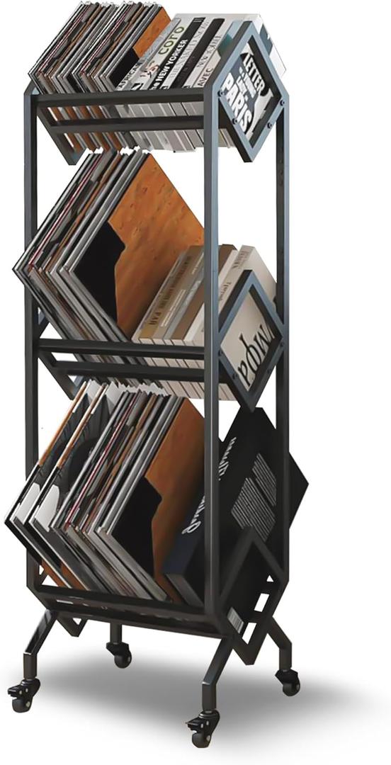 Vinyl Record Holder, 3 Tier Mobile Record Stand for 260-280 LP Storage, Matte Black Metal Vinyl Record Storage Shelf for Albums, Magazine Display, Book and Files Organizer