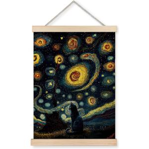 YTRGI Black Cat Wall Art Poster Framed, Starry Night Black Cat Room Decor Aesthetic, Gifts for Cat Lovers, Cats Wall Art for Officer Girly Home Bathroom Bedroom Dorm Decor, 12x16 Inches (Blue)