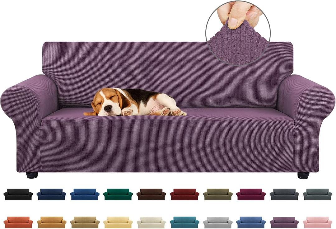 KEKUOU Stretch Sofa Cover Slipcover Couch Covers for 3 Cushion Couch Sofa pet Friendly (78"-94") Furniture Protector Sofa with Elastic Bottom for Kids,Dog, Jacquard Small Checked(Large,Dark Purple)