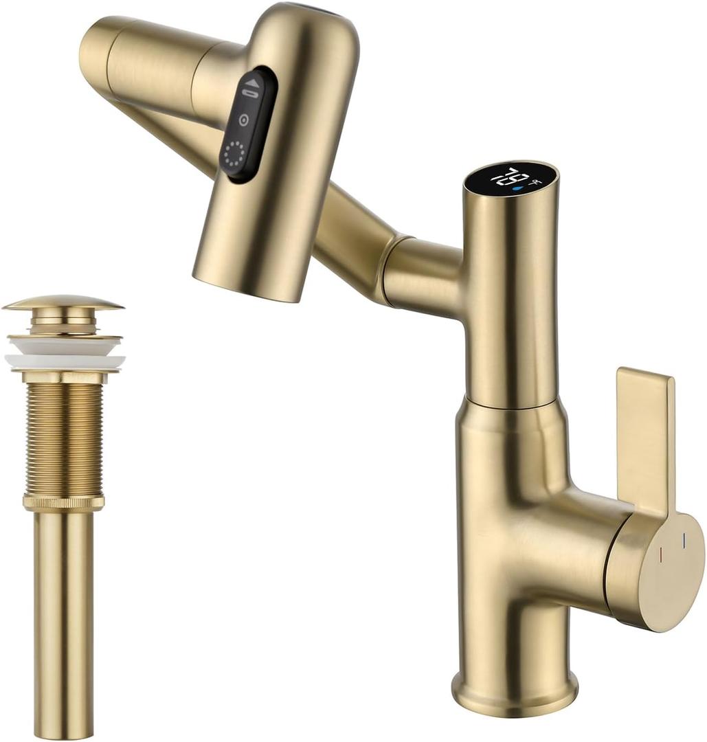 Lefton Rotatable Bathroom Faucet BF2204 with Pop-up Bathroom Sink Drain Stopper Without Overflow D01 (Contemporary, Brushed Gold)