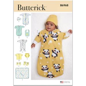 Butterick B6968A Infants' Bunting, Jumpsuit, Shirt, Diaper Cover, Hat, Bib, Mittens, Booties and Blanket Sewing Pattern Kit, Design Code B6968, Sizes XXS-XS-S-M-L