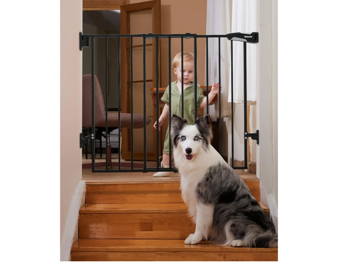 Babelio 26-43" No Bottom Bar Baby Gate for Babies, Elders and Pets, 2-in-1 Hardware Mount Dog Gate for The House, Stairs and Doorways, with Large Walk Thru Door, Black