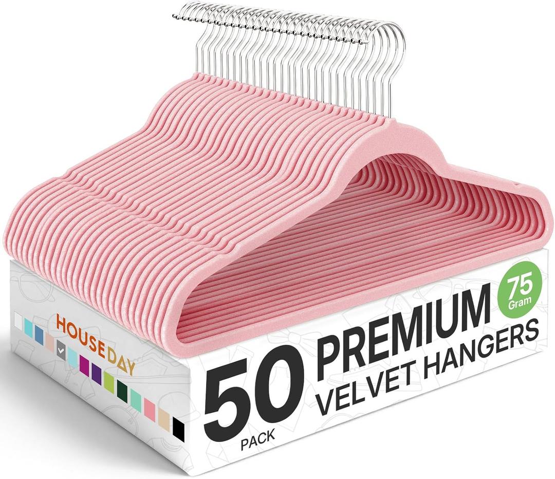 HOUSE DAY Premium Velvet Hangers 50 Pack Pink, Non-Slip Flocked Felt Hangers, Sturdy Clothes Hanger Heavy Duty Coat Hanger, Durable Slim for Closet Space Saving