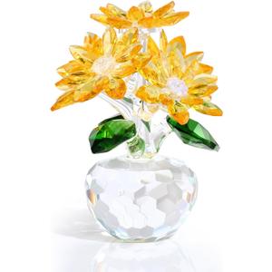 Crystal Yellow Daisy Figurines Collectibles Gifts for Women Friends, Small Crystal Pink Flowers with Base Paperweights Decoration for Home Office Tabletop Centerpieces
