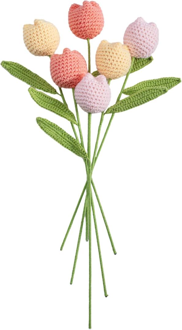 Handmade Crochet Tulip Bouquet Crocheted Flower Knitted Yarn Artificial Tulips, Forever Floral Arrangement for Home Decor, Wedding, Birthday