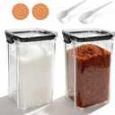 Brown Sugar Container (2-Pack), 44Oz/1300ml Airtight PET Storage Jar with Lid, Spoon & 2 Sugar Savers - Stackable Kitchen Canister for Baking, Salt, Snacks, Flour, Coffee