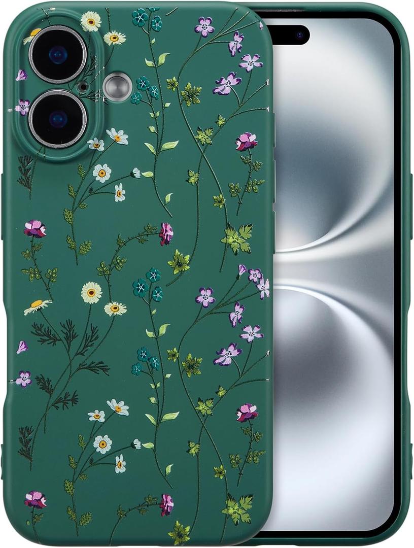 RALEAVO Floral Case for iPhone 17,Liquid Silicone Cover with Cute Flower Branch Pattern for Girls Women Slim Soft Rubber Protective Phone Case for iPhone 17 (6.3"),Dark Green