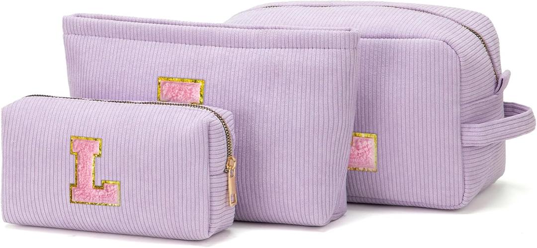 Makeup Bag Cosmetic Bag for Girls with Initial Letter Patch 3 Pieces Corduroy Travel Toiletry Make Up Brush Bag Pounch Organizer Preppy Things Cute Stuff Gifts for Teen Girls (Lavender L)