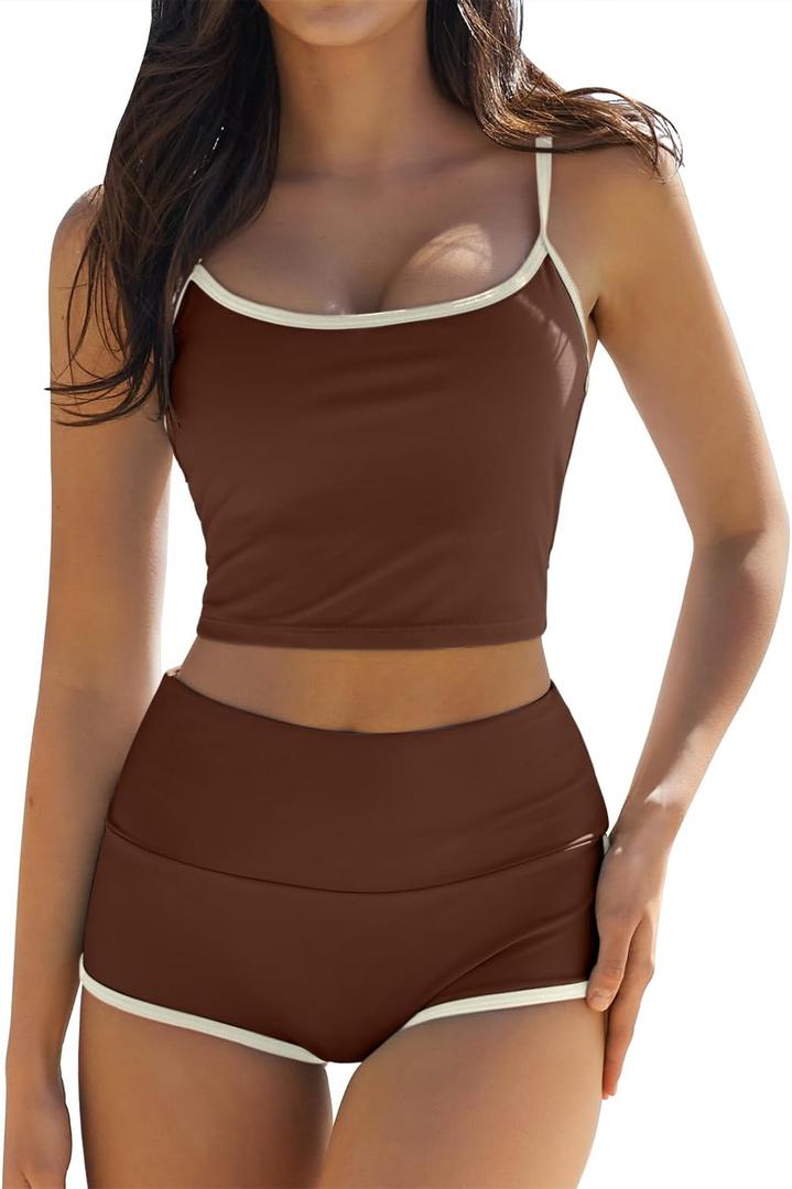 QINSEN Retro Bikini Set for Women Scoop Neck Bikini Top Tummy Control Boyshort Bottom Bathing Suit Brown M