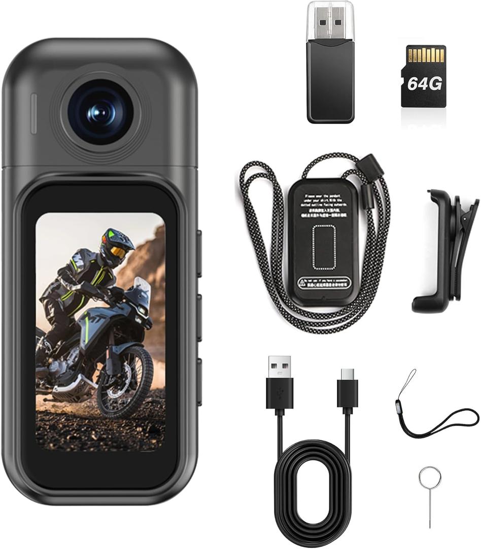 1080p Mini Body Camera with 64GB Card, 1.47" Touchscreen Wearable Thumb Camera, Magnetic Mount & 180 Rotating Lens for Vlogging Travel Sports Security