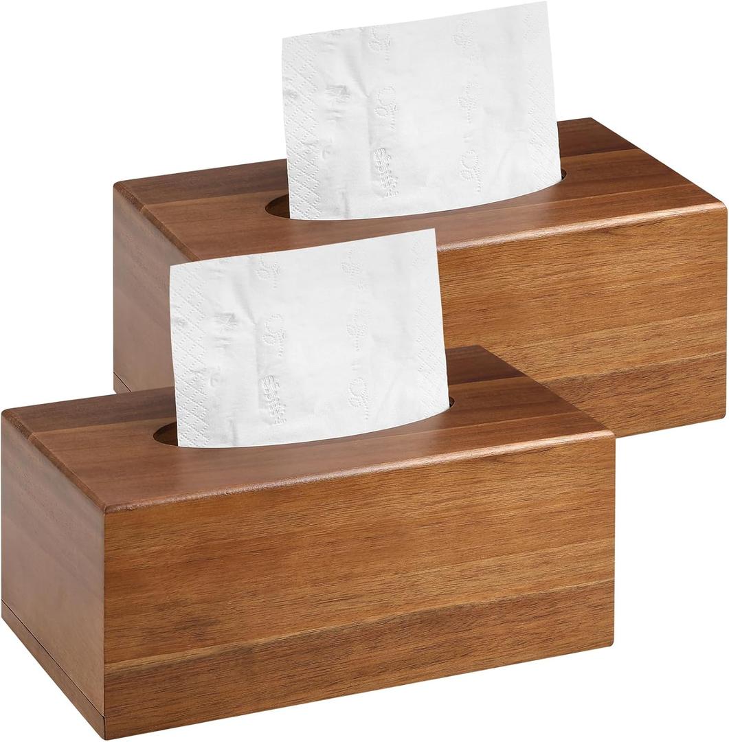 2 Pack Wood Tissue Box Cover Rectangular- Acacia Wood Rectangle Wooden Tissue Box Holder for Tabletop Night Stands Bathroom Office - Decorative Facial Cube Tissue Box Cover for Modern Farmhouse Decor