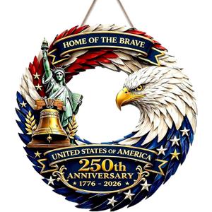16" Large Patriotic Wreath Door Sign for Front Door, 250th Anniversary 17762026 Wooden Door Hanger Wall Plaque, American Eagle, Liberty Bell & Statue of Liberty Decor, Independence Day 4th of July Wall Hanging (Design 05)