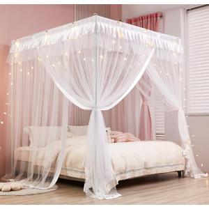Mengersi Princess 4 Corners Post Bed Curtain Canopy Mosquito Net Princess Canopies (White, Full) (57"W x 78.5"L (Pack of 1))