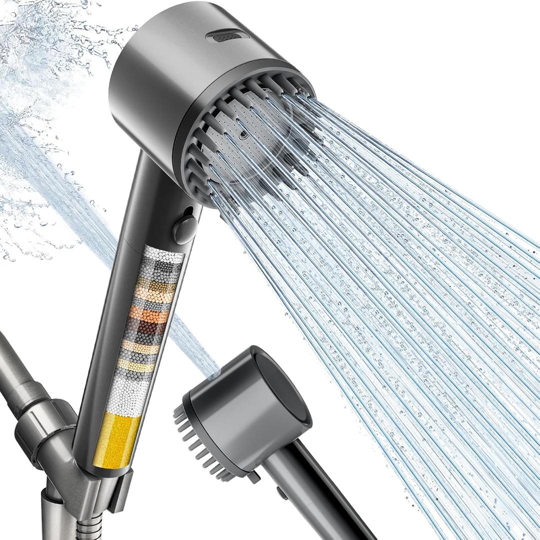 Cobbe Ion Drops Filtered Shower Head with Handheld, 5 Spray Mode Showerhead with Filters, Built-in Power Wash for Hard Water - Remove Chlorine - Reduces Dry Itchy Skin, Gray