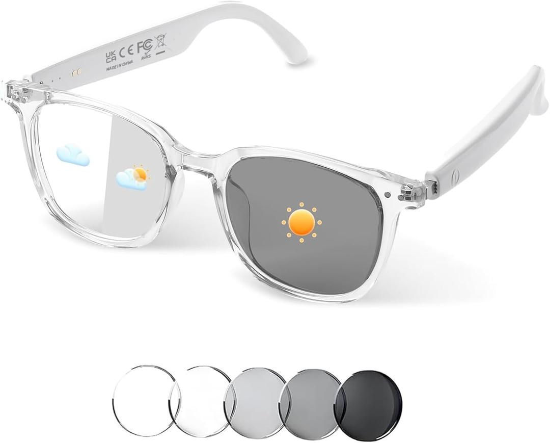 Smart Glasses for Women Men, Bluetooth Audio Glasses with Color-Changing Lenses, Open Ear Sound Speakers, Magnetic Charging, Voice Assistant, Music/Calls, Blue Light Glasses for Working Travel (Clear) (White)